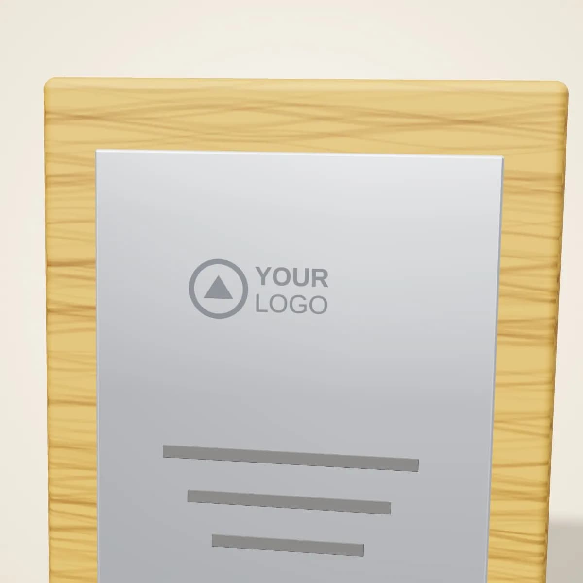Close-up of the logo branding on the Engraved Brass Decorative Plate with Stand