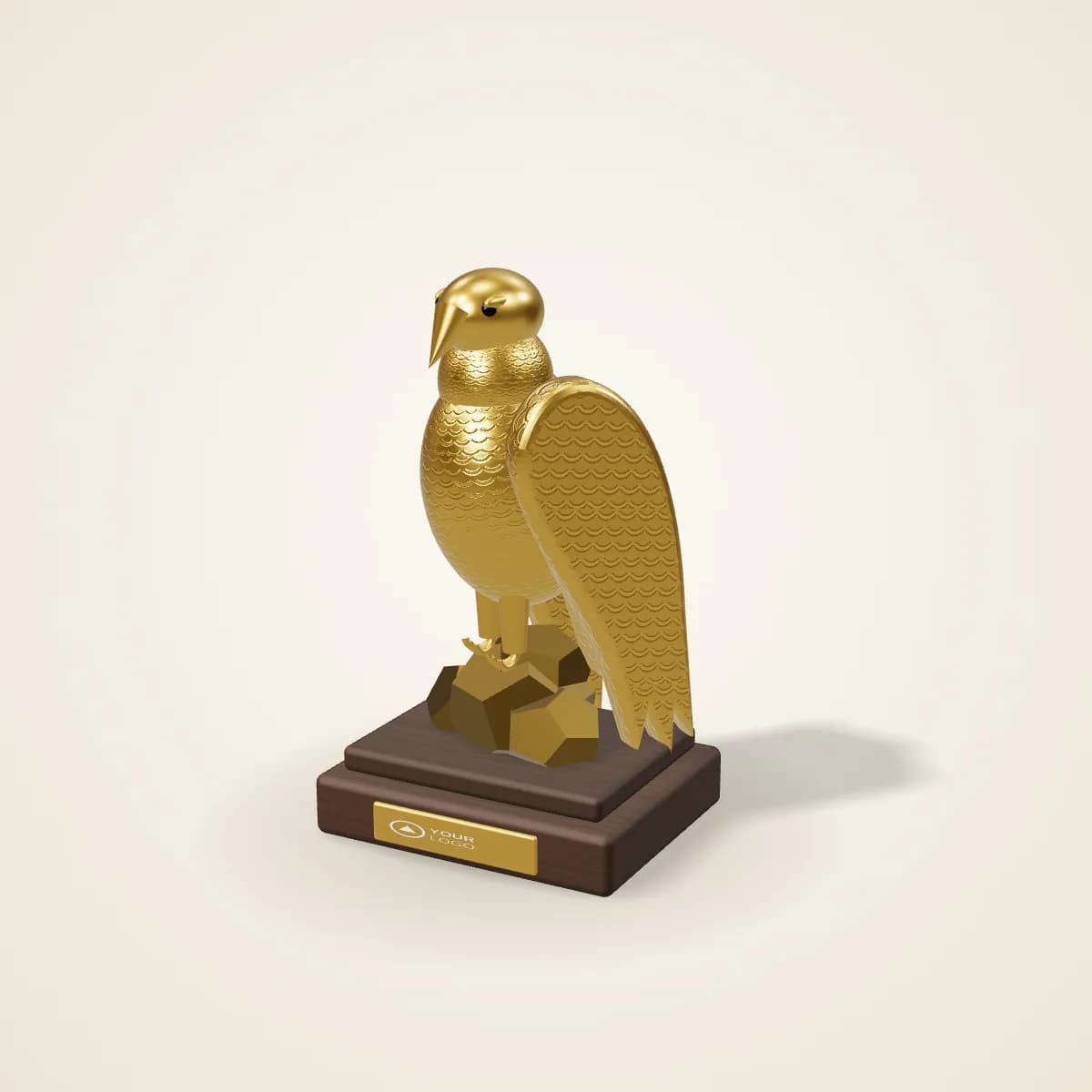Metal Falcon Sculpture on Wooden Base with a custom logo