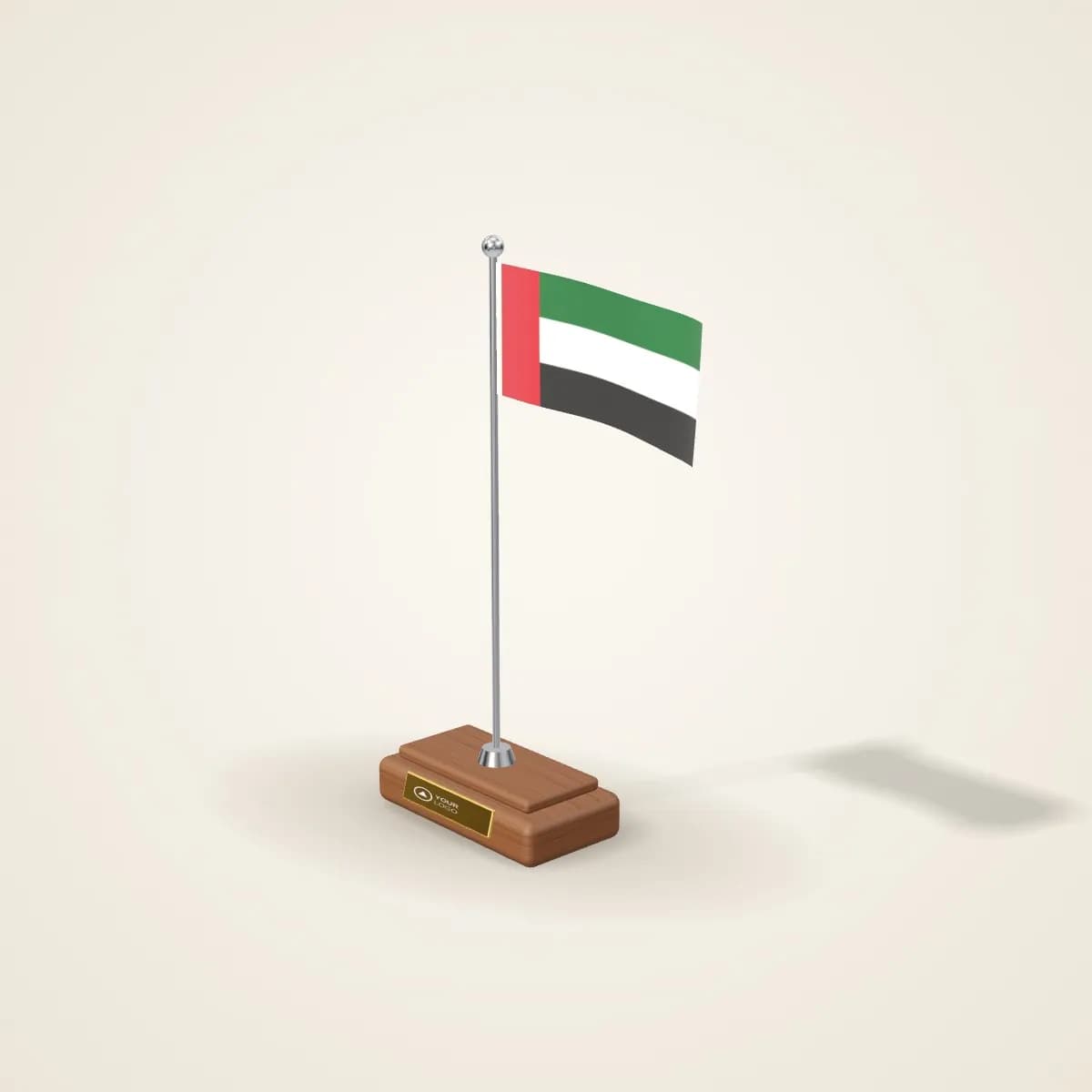 UAE Desk Flag with Engraved Wooden Base with a custom logo