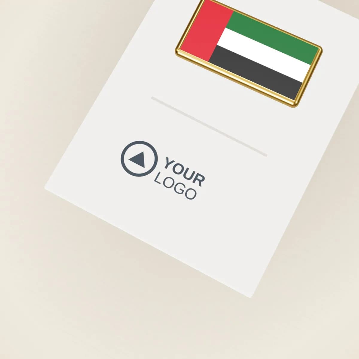 Close-up of the logo branding on the UAE Flag Lapel Pin with Logo Backing Card